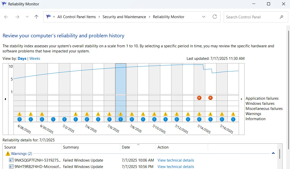 Cửa sổ Giám sát Độ Tin Cậy trong Windows 11