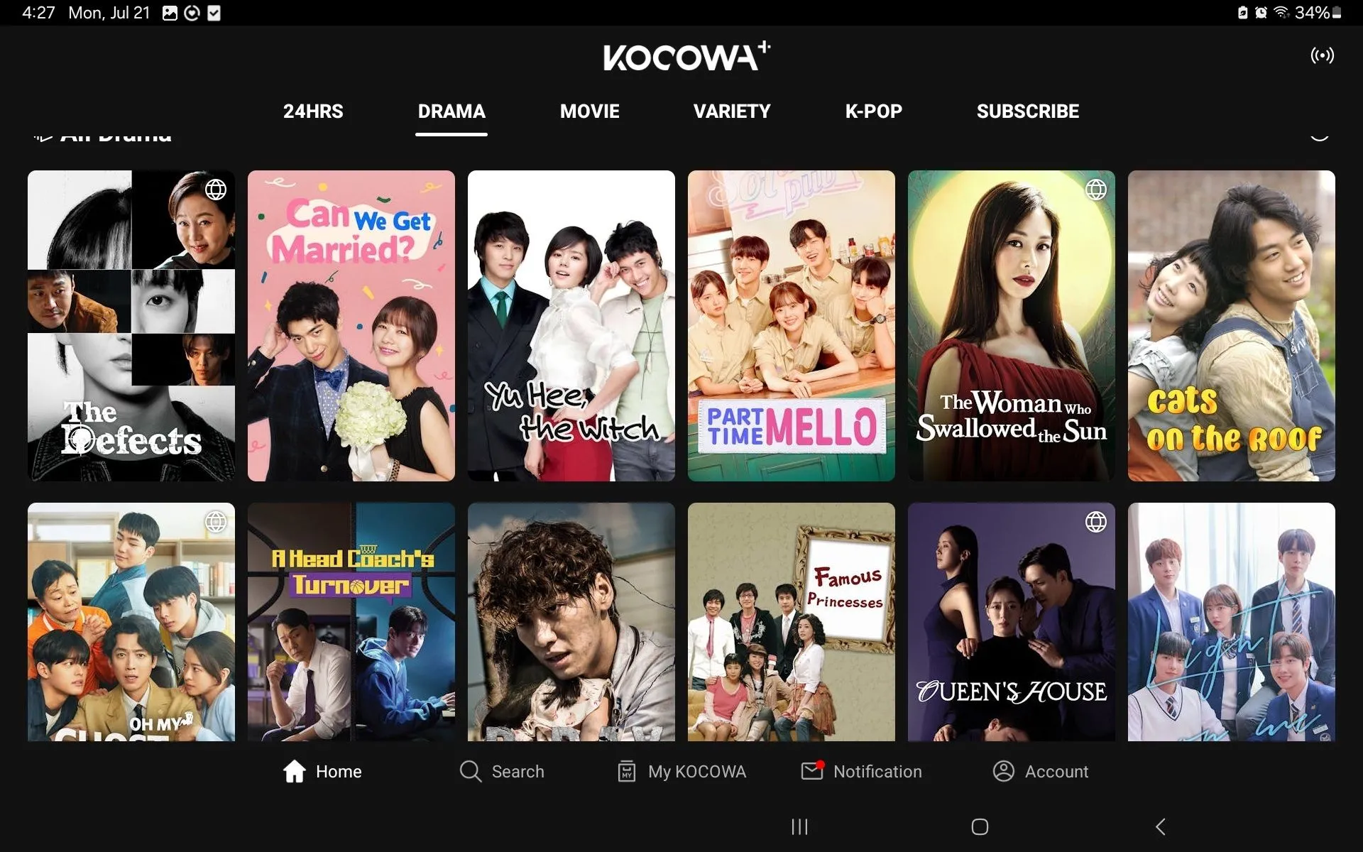 Danh sách các bộ phim truyền hình Hàn Quốc (K-Drama) trên ứng dụng Kocowa+, thể hiện sự đa dạng nội dung của nền tảng streaming này.