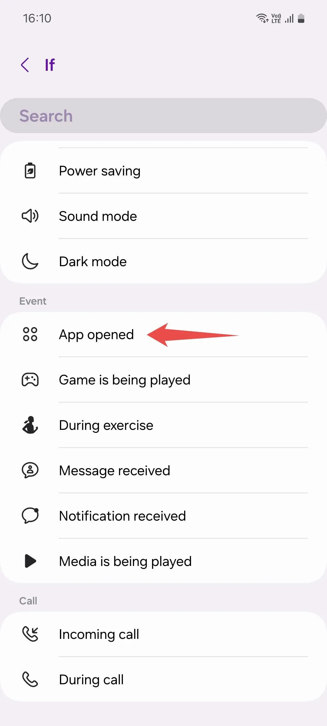 Danh sách các điều kiện kích hoạt (triggers) khi tạo Quy trình tự động hóa trên điện thoại Samsung
