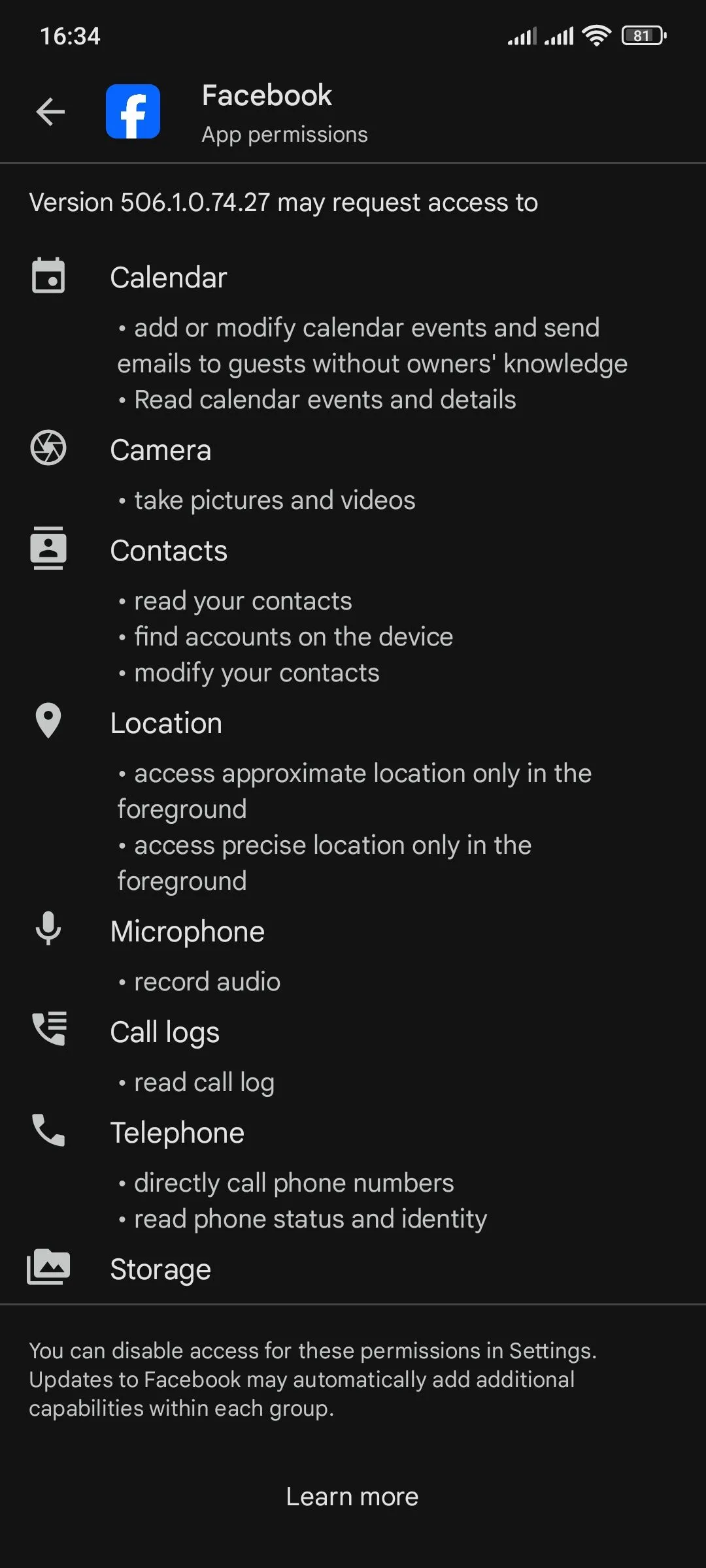 Danh sách các quyền mà ứng dụng Facebook yêu cầu trên Google Play Store, minh họa cách xem chi tiết