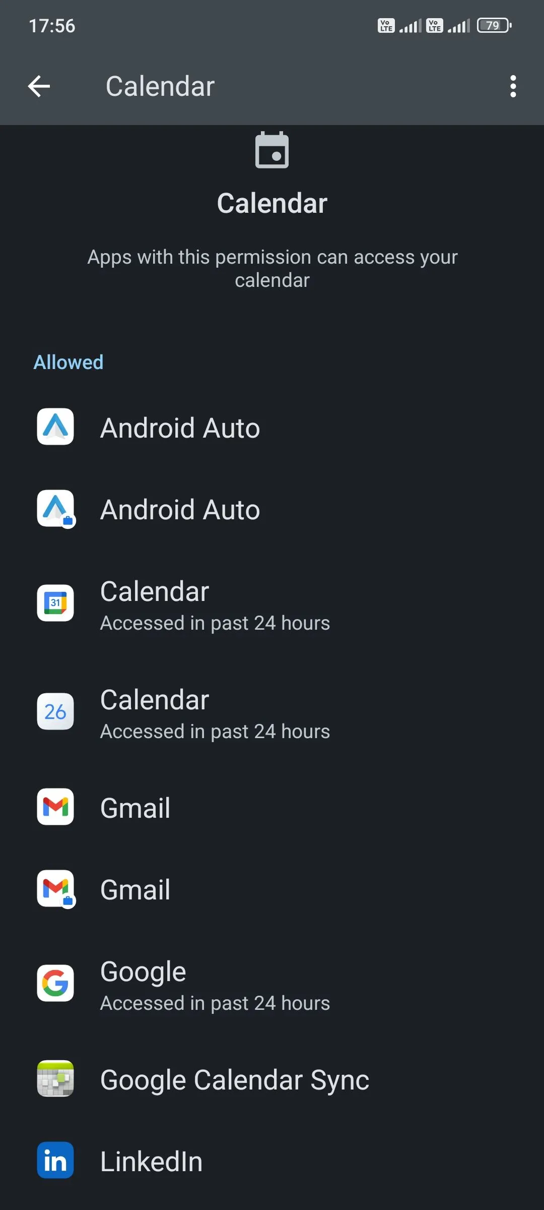 Danh sách các ứng dụng có quyền truy cập lịch trên Android, cho phép người dùng quản lý quyền truy cập
