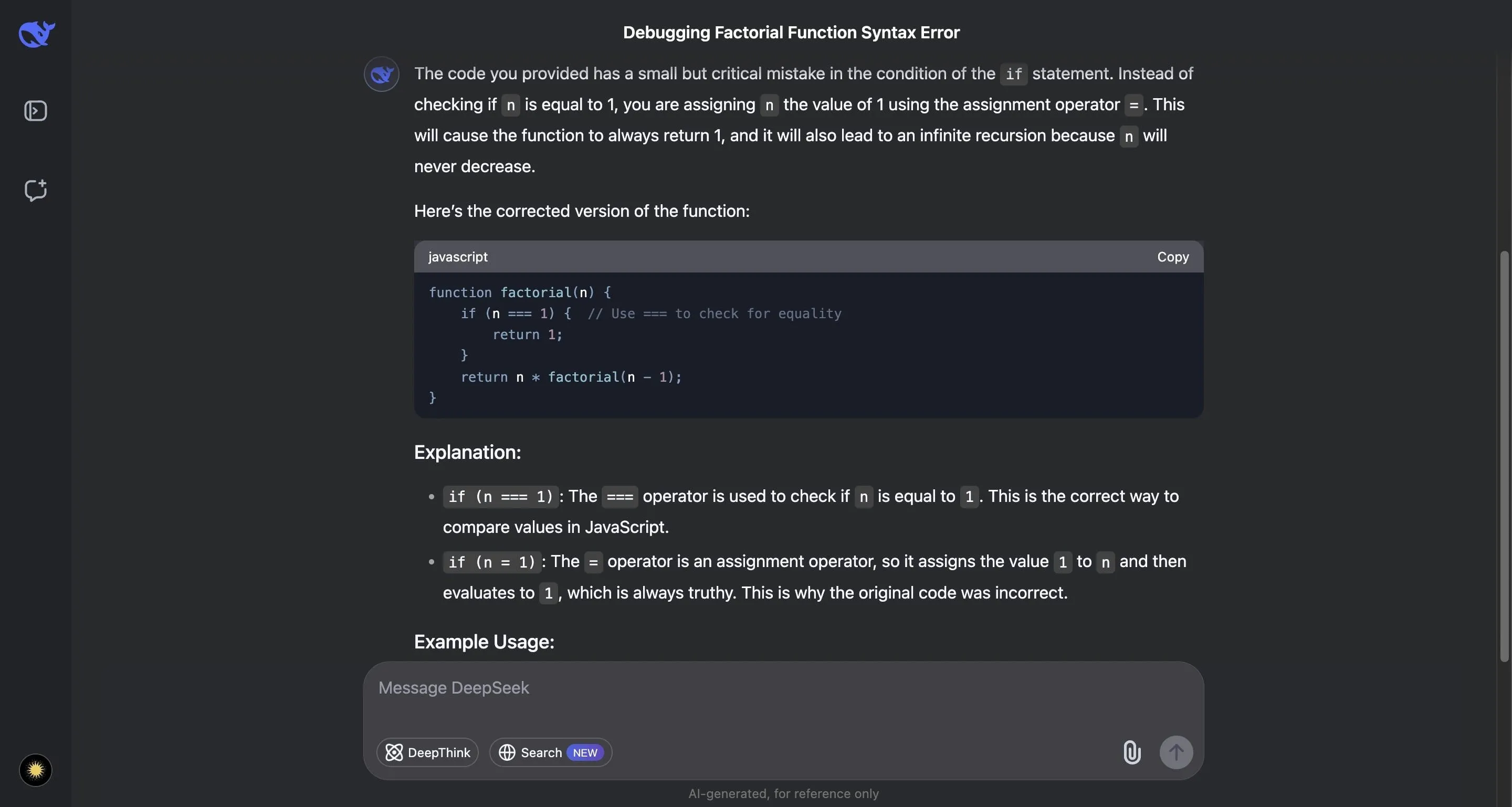 DeepSeek AI gỡ lỗi mã JavaScript