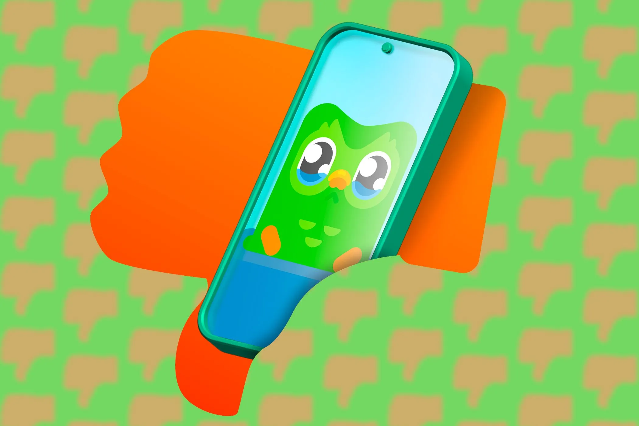 Điện thoại hiển thị ứng dụng Duolingo trên nền biểu tượng ngón tay cái hướng xuống