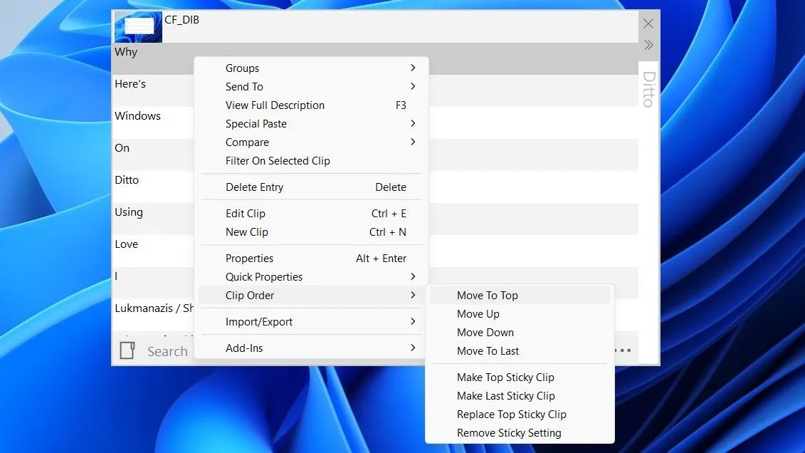 Ditto app showing option to delete and move clipboard items