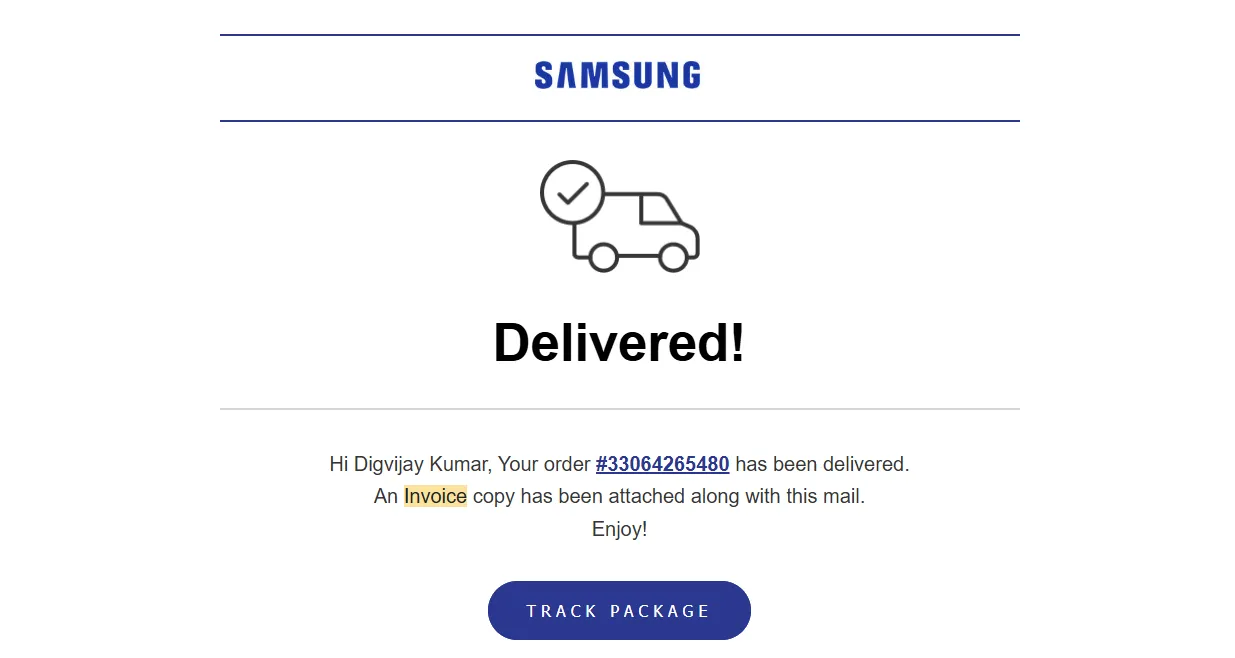 Email xác nhận đơn hàng Samsung hiển thị số IMEI