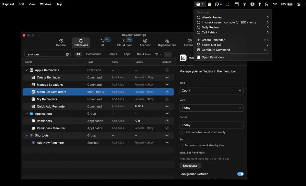 Extension Apple Reminders trong Raycast được kích hoạt trên thanh menu để truy cập nhanh