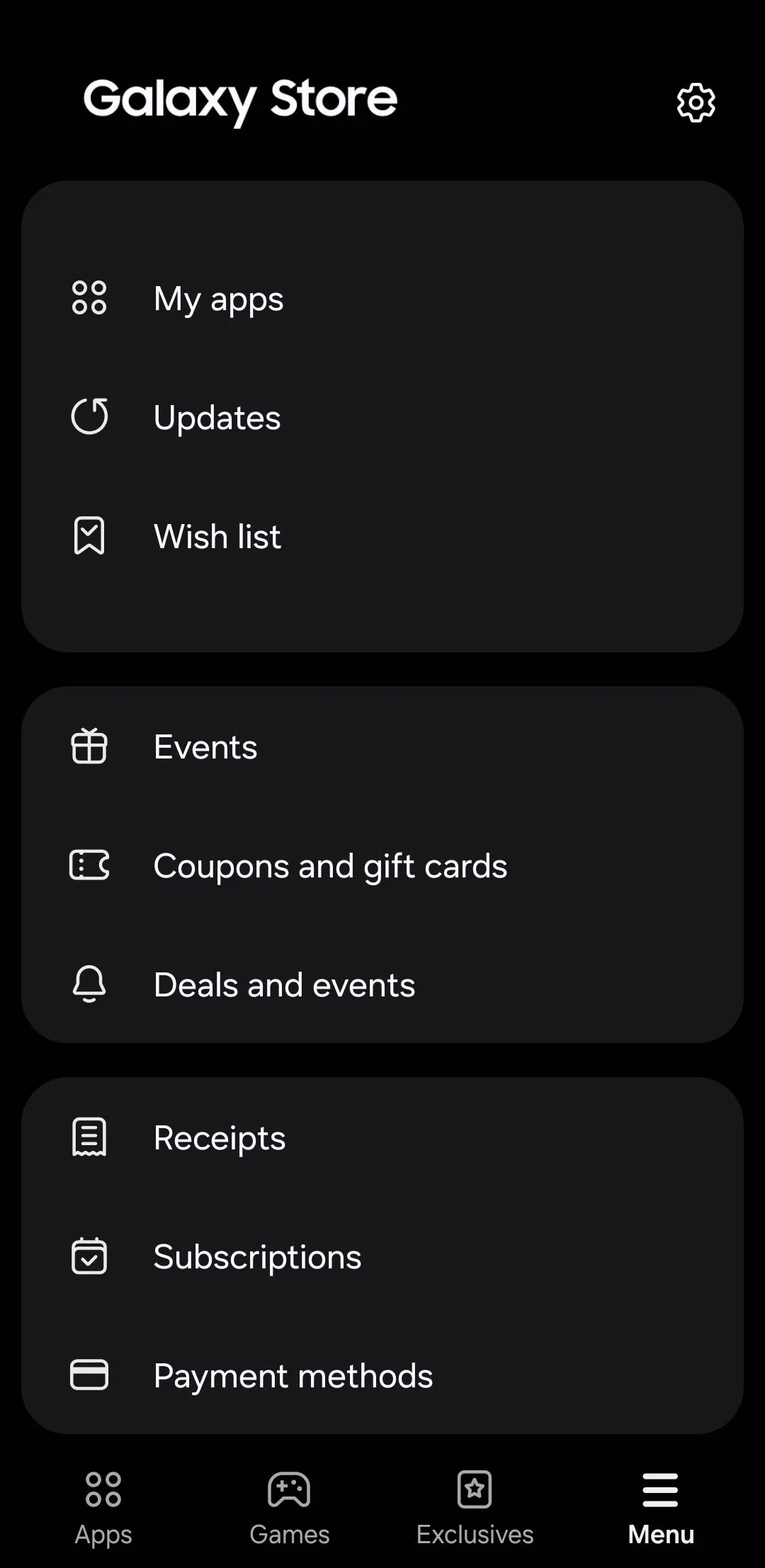 Galaxy store settings page on Samsung phone