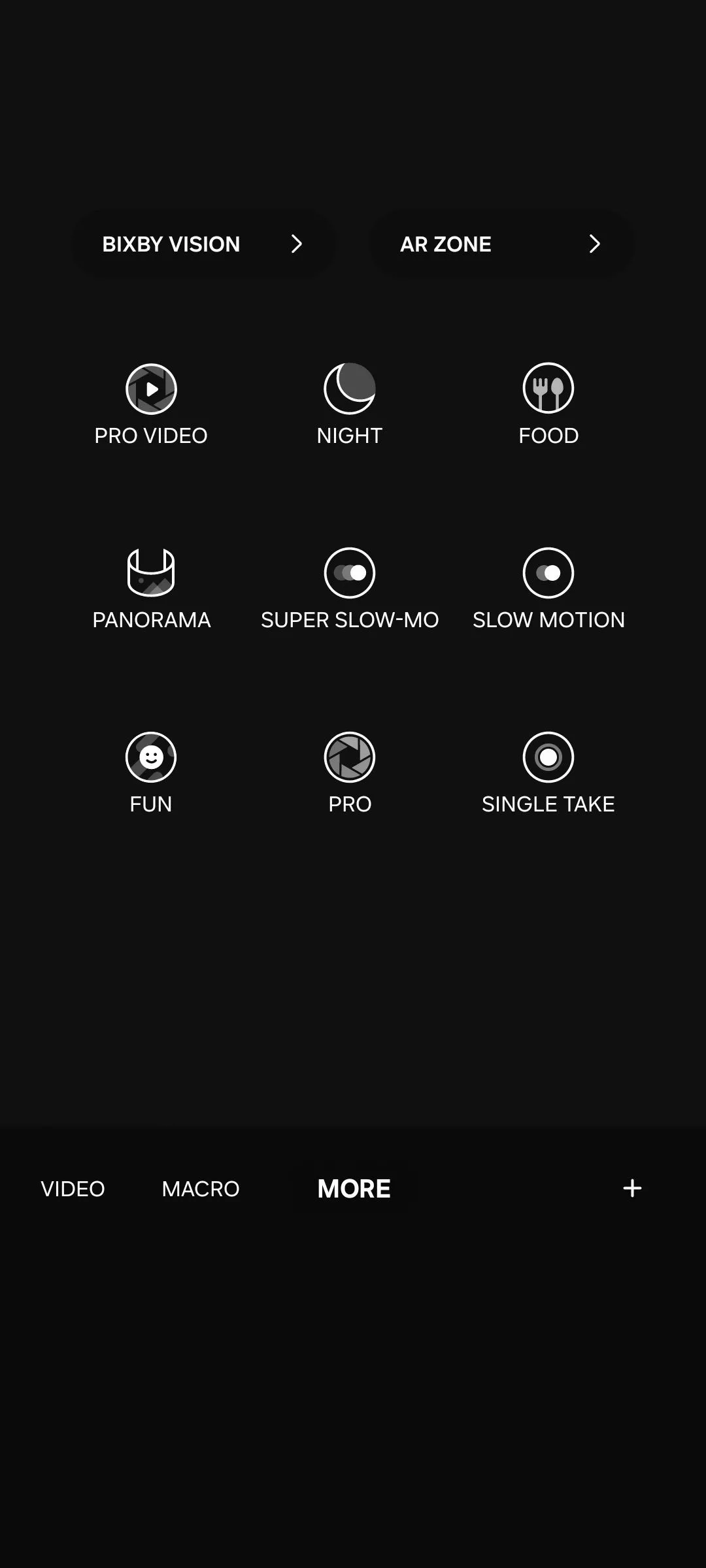 Giao diện các chế độ camera khác nhau trên điện thoại Samsung, bao gồm tùy chọn Thêm (More) để truy cập Chế độ Pro.