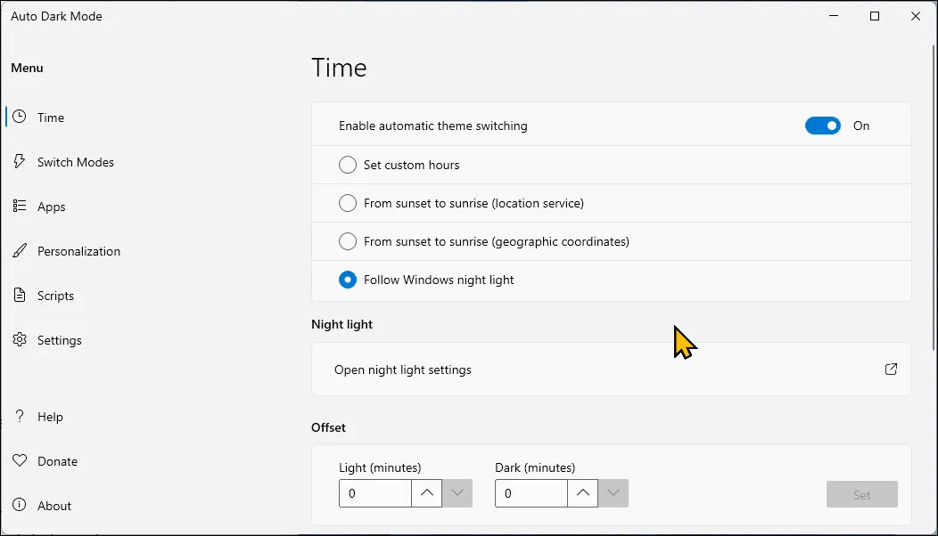 Giao diện cài đặt Auto Dark Mode trên Windows 11 với tùy chọn lịch trình chuyển đổi chế độ sáng tối