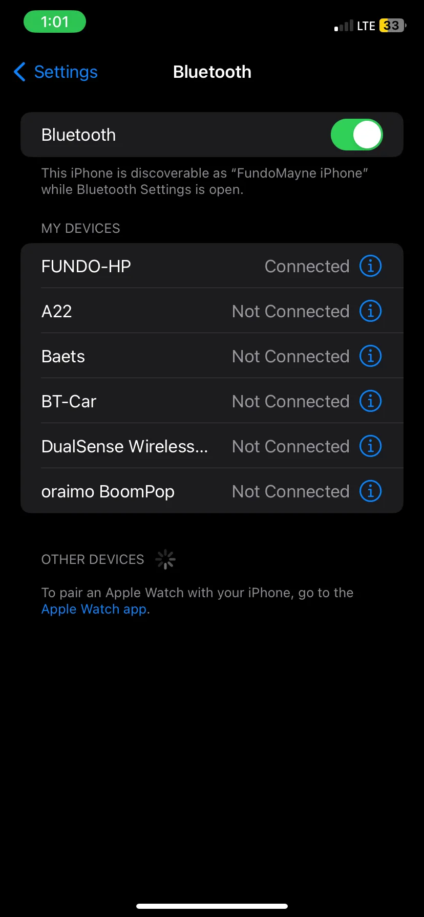 Giao diện cài đặt Bluetooth trên iPhone, minh họa cách vô hiệu hóa kết nối Bluetooth để tiết kiệm pin điện thoại.