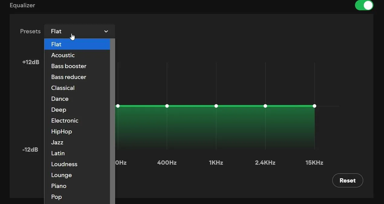 Giao diện cài đặt bộ chỉnh âm Equalizer của Spotify trên thiết bị di động