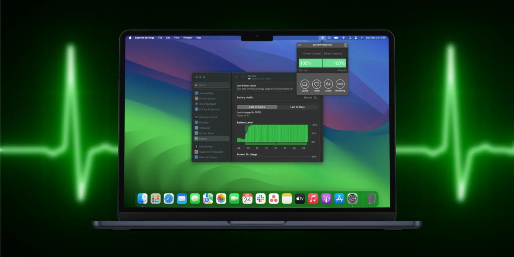 Giao diện cài đặt pin trên MacBook thể hiện khả năng quản lý năng lượng hiệu quả