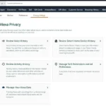 Giao diện cài đặt quyền riêng tư Alexa trên website Amazon.com, hiển thị các tùy chọn quản lý dữ liệu giọng nói và lịch sử tương tác.