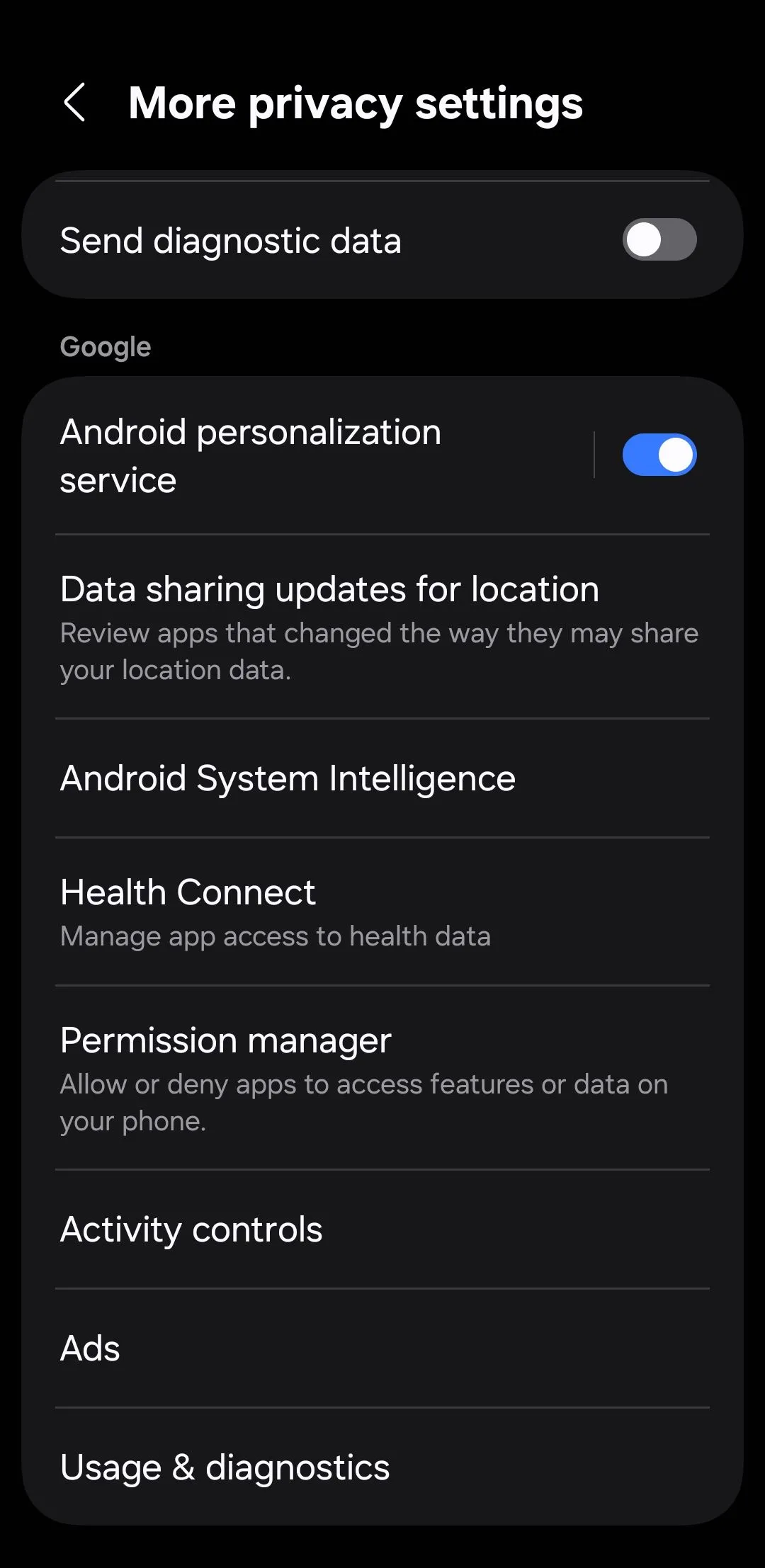 Giao diện cài đặt quyền riêng tư trên điện thoại Android
