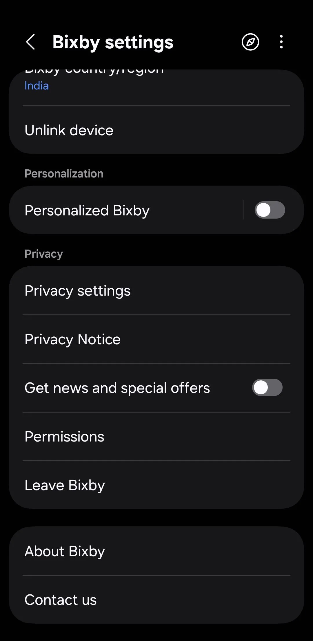 Giao diện cài đặt trợ lý ảo Bixby trên điện thoại Samsung