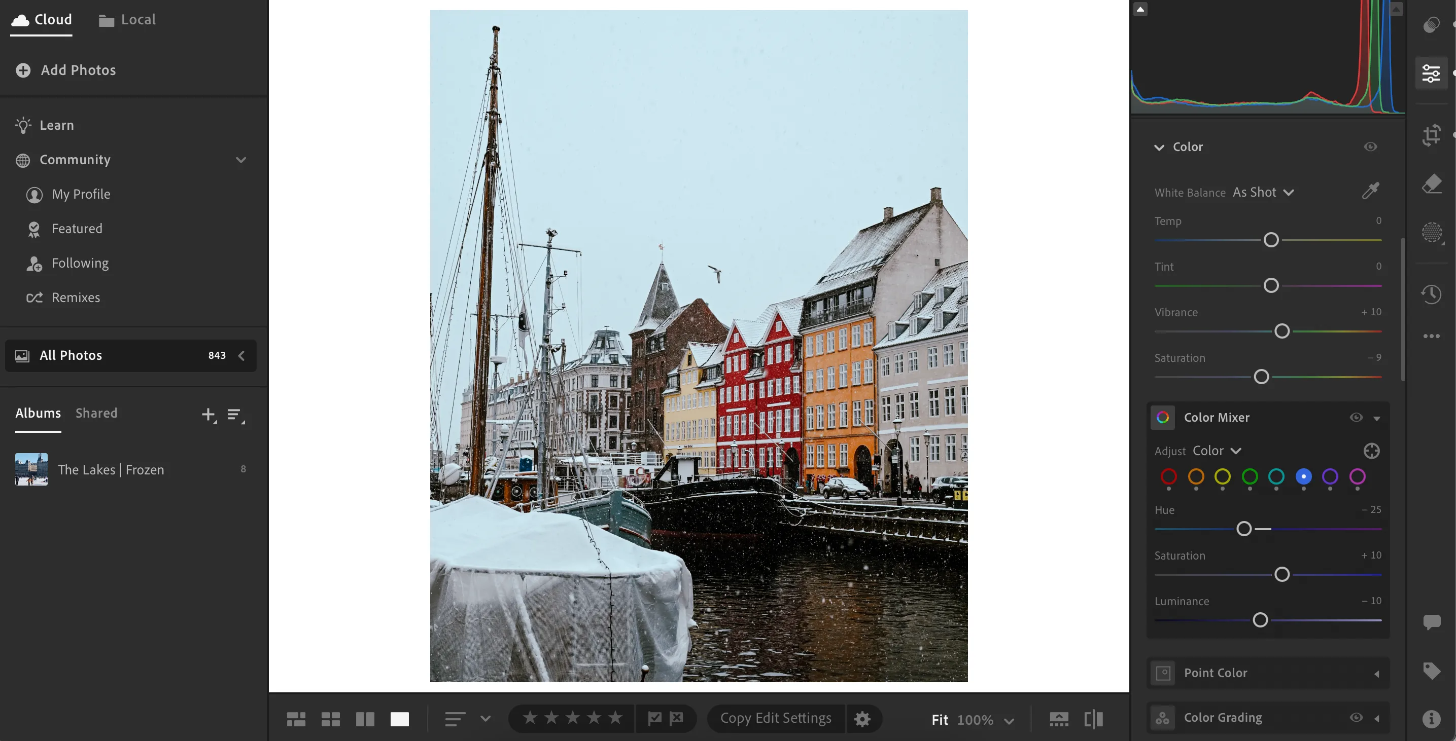 Giao diện chỉnh sửa file ảnh JPEG trong Adobe Lightroom