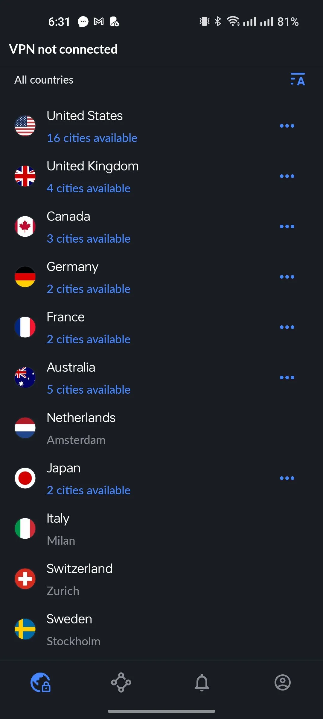 Giao diện chọn máy chủ VPN từ danh sách quốc gia trong ứng dụng NordVPN