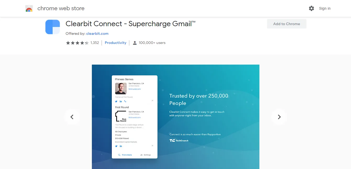 Giao diện Chrome Web Store hiển thị thông tin và đánh giá của tiện ích Clearbit Connect