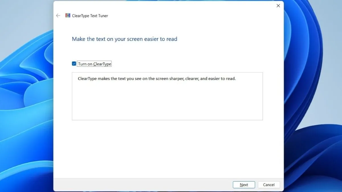 Giao diện công cụ ClearType Text Tuner giúp tối ưu hiển thị chữ trên Windows