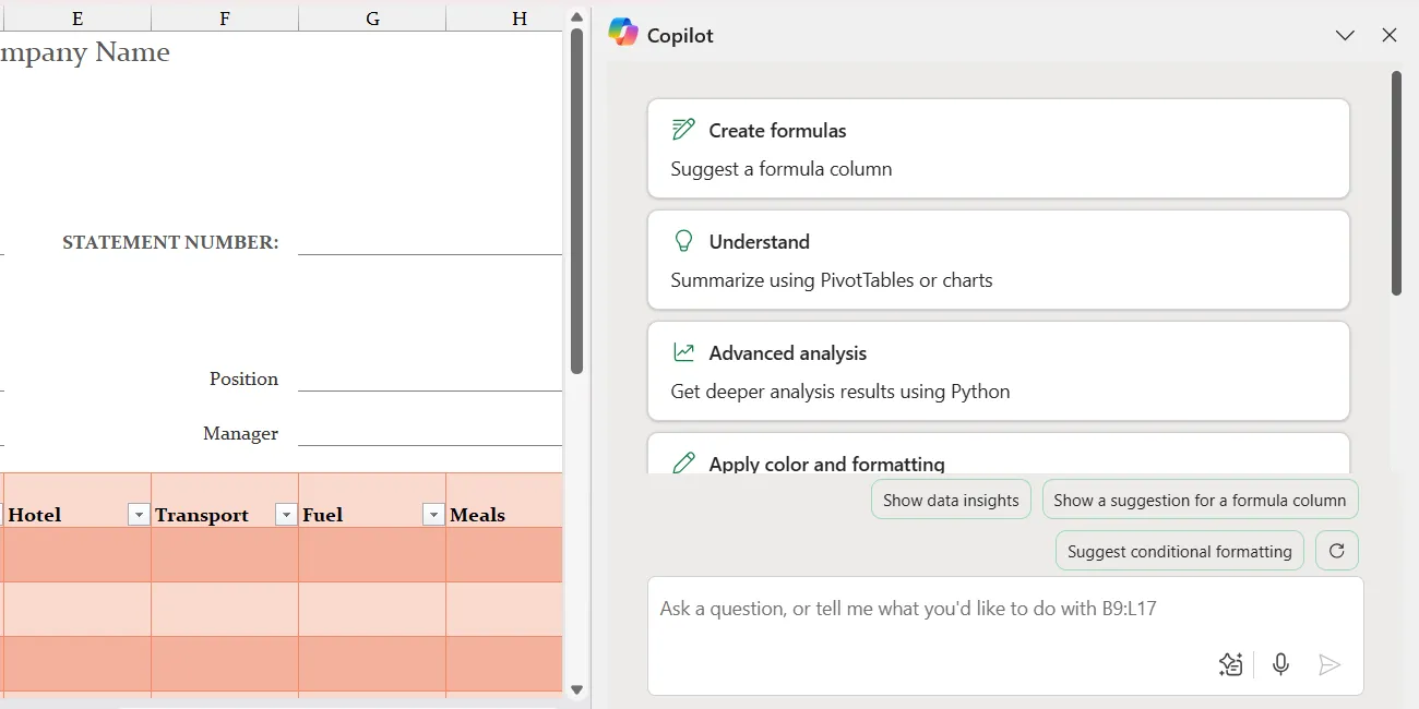 Giao diện Copilot hiển thị ở bảng điều khiển bên trong Excel, minh họa tích hợp AI của Microsoft 365.