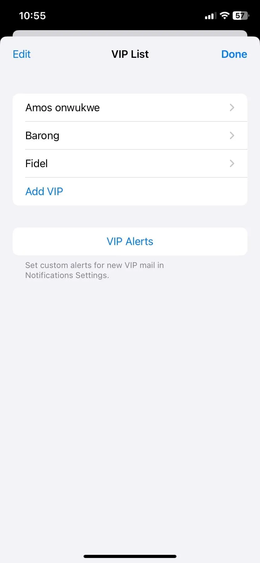Giao diện danh bạ VIP trong ứng dụng Apple Mail