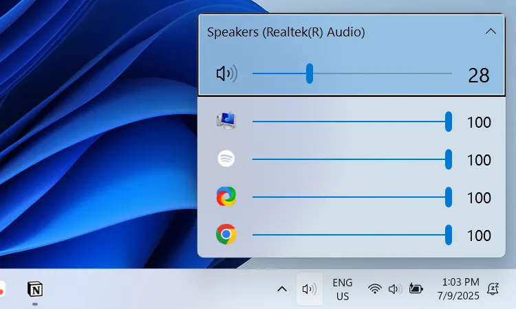 Giao diện EarTrumpet hiển thị các thanh điều khiển âm lượng ứng dụng trên Windows 11