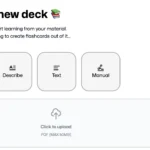 Giao diện FlashKa với các tùy chọn tạo bộ flashcard mới bao gồm PDF, Describe, Text và Manual.