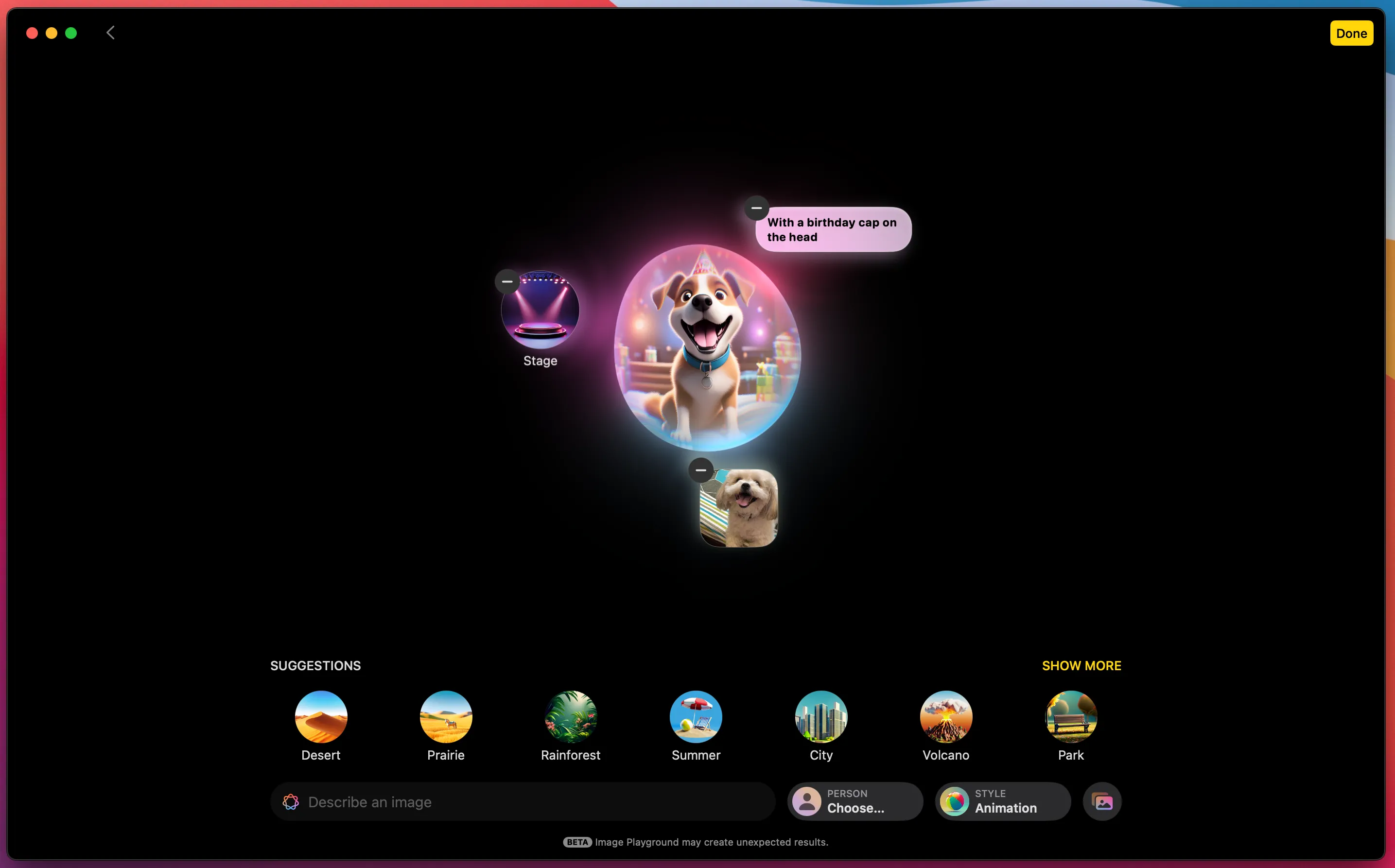 Giao diện Image Playground của Apple Intelligence tạo hình ảnh AI một chú chó hoạt hình.