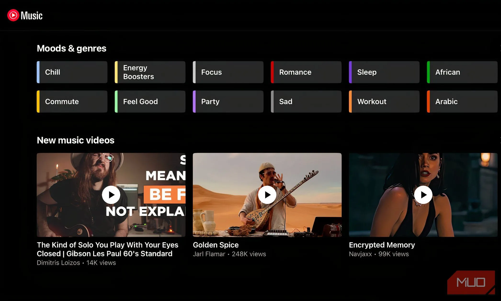 Giao diện khám phá âm nhạc của YouTube Music với các gợi ý bài hát và nghệ sĩ