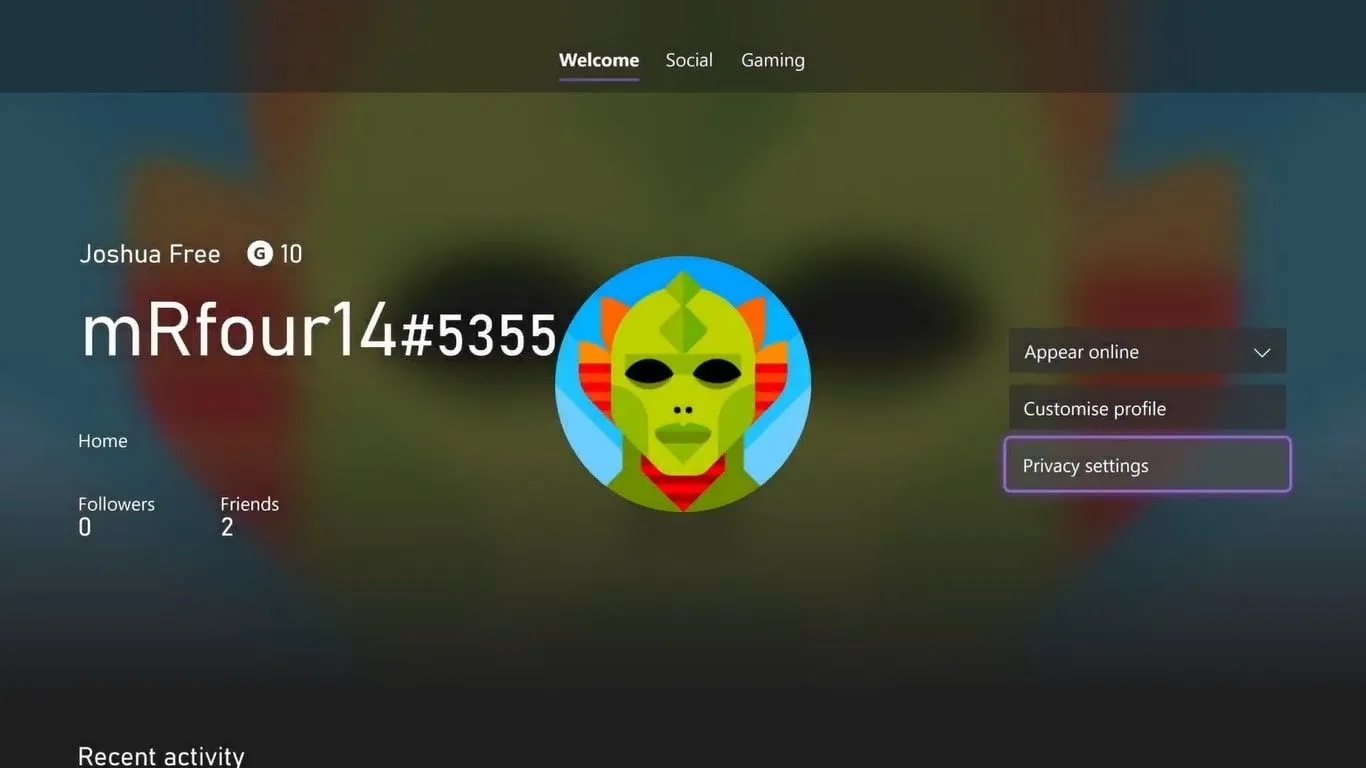 Giao diện menu chính của hồ sơ Xbox trên Xbox Series X, minh họa nơi người dùng có thể quản lý cài đặt tài khoản và quyền riêng tư.