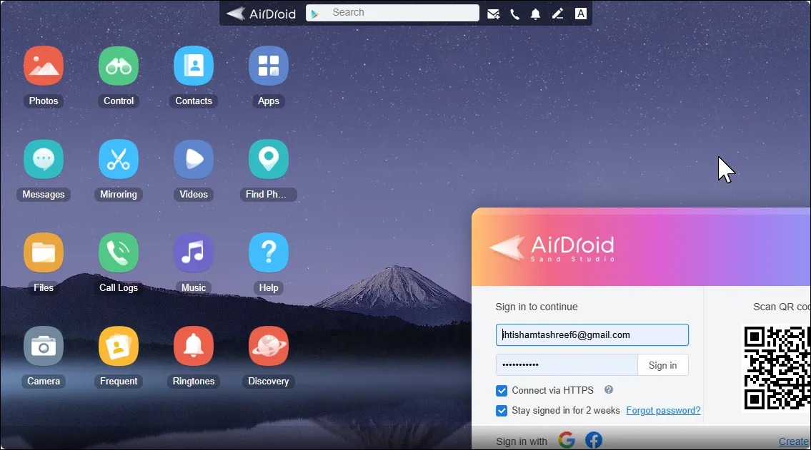 Giao diện nền web của AirDroid