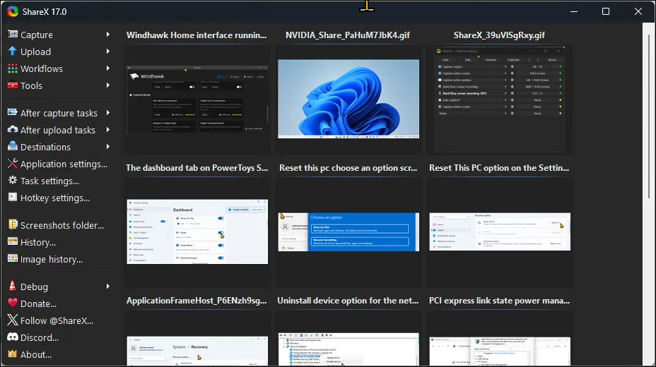Giao diện người dùng của ShareX hiển thị các tùy chọn chụp và quay màn hình trên Windows 11