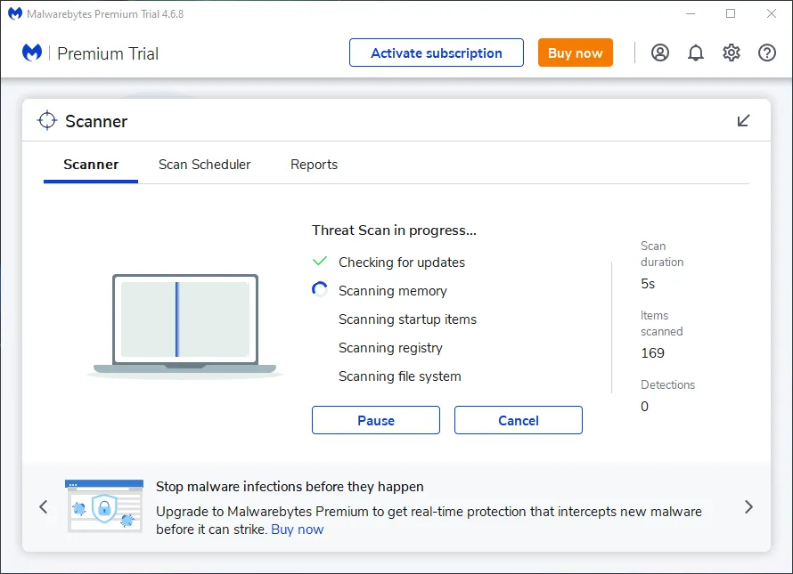 Giao diện phần mềm Malwarebytes trên hệ điều hành Windows, minh họa khả năng bảo vệ máy tính khỏi các mối đe dọa trực tuyến và lừa đảo phishing