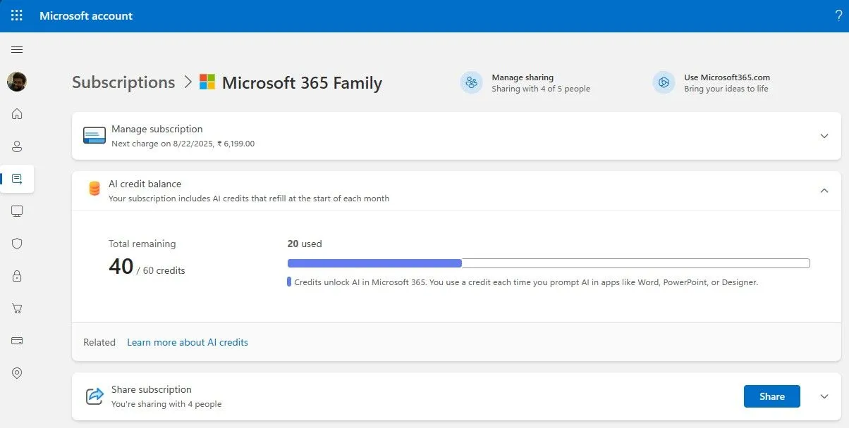 Giao diện quản lý và kiểm tra số dư tín dụng AI (AI credits) của Microsoft 365 trên trang tài khoản Microsoft.