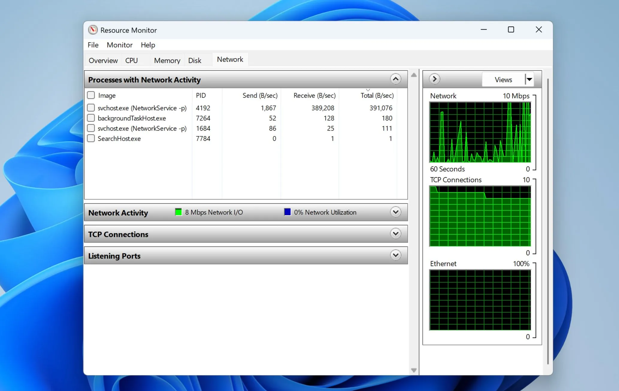 Giao diện Resource Monitor trên Windows 11 hiển thị chi tiết mức sử dụng mạng và các tiến trình đang hoạt động