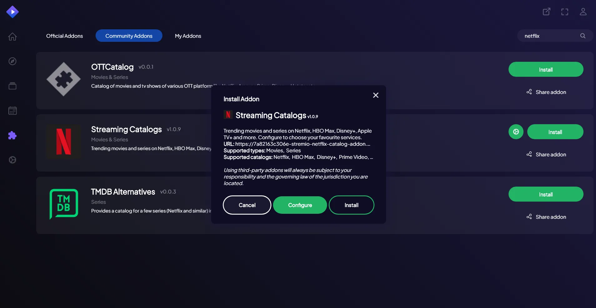 Giao diện Stremio tích hợp nội dung Netflix, minh họa khả năng tổng hợp nguồn phát