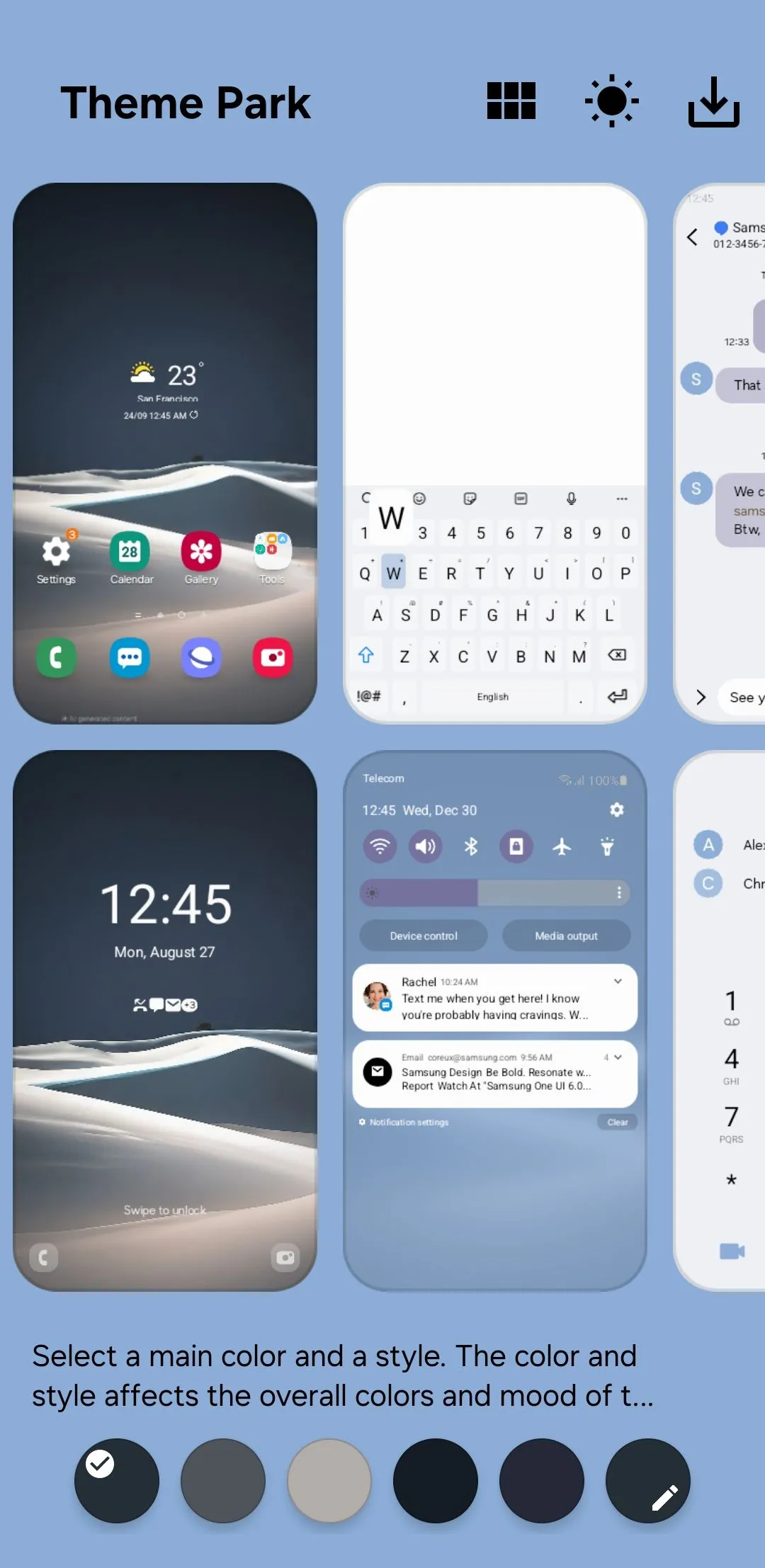 Giao diện tạo chủ đề mới trong ứng dụng Theme Park, tùy chỉnh bảng cài đặt nhanh trên Samsung Galaxy.