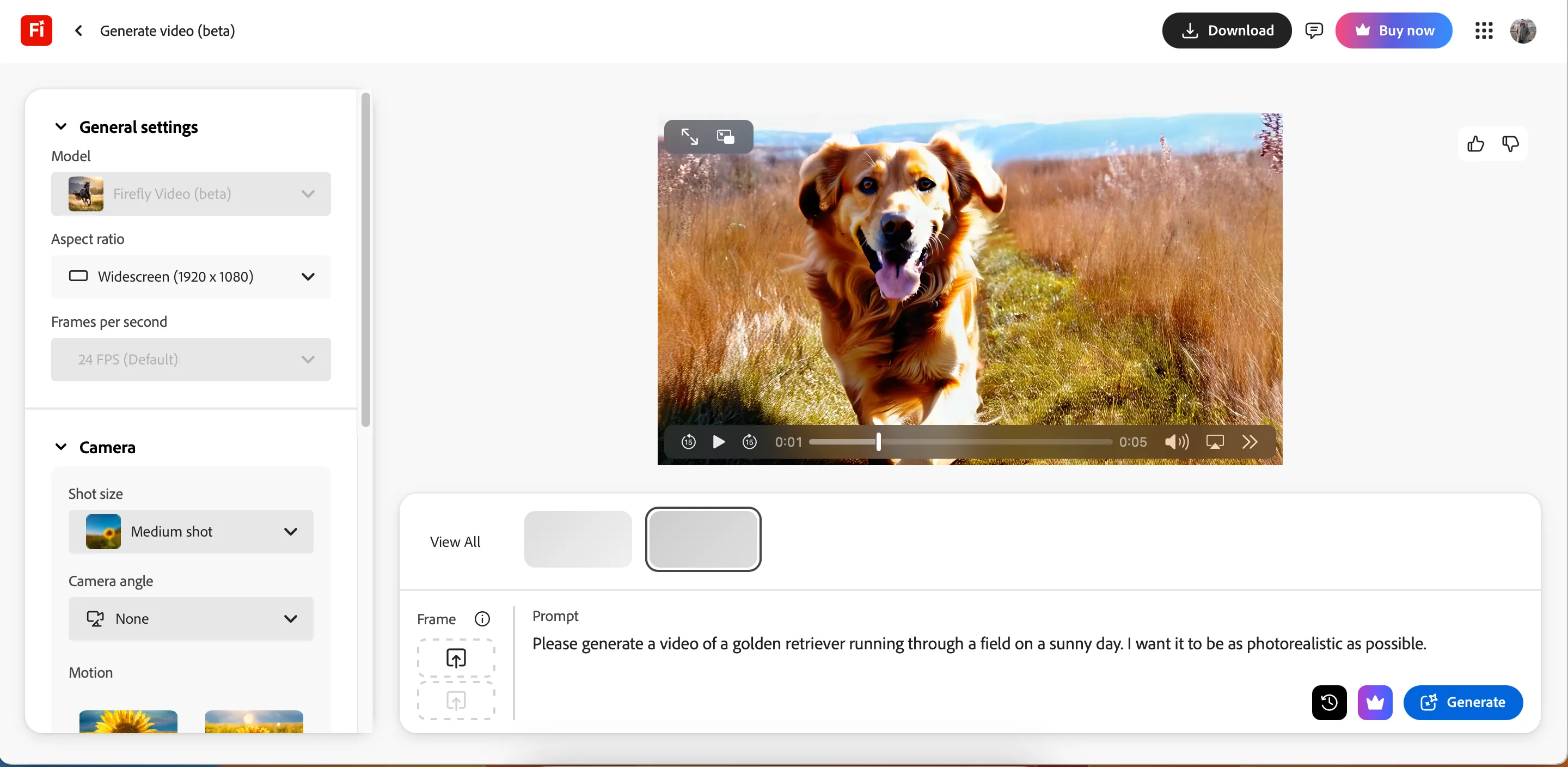 Giao diện tạo prompt video AI trong Adobe Firefly