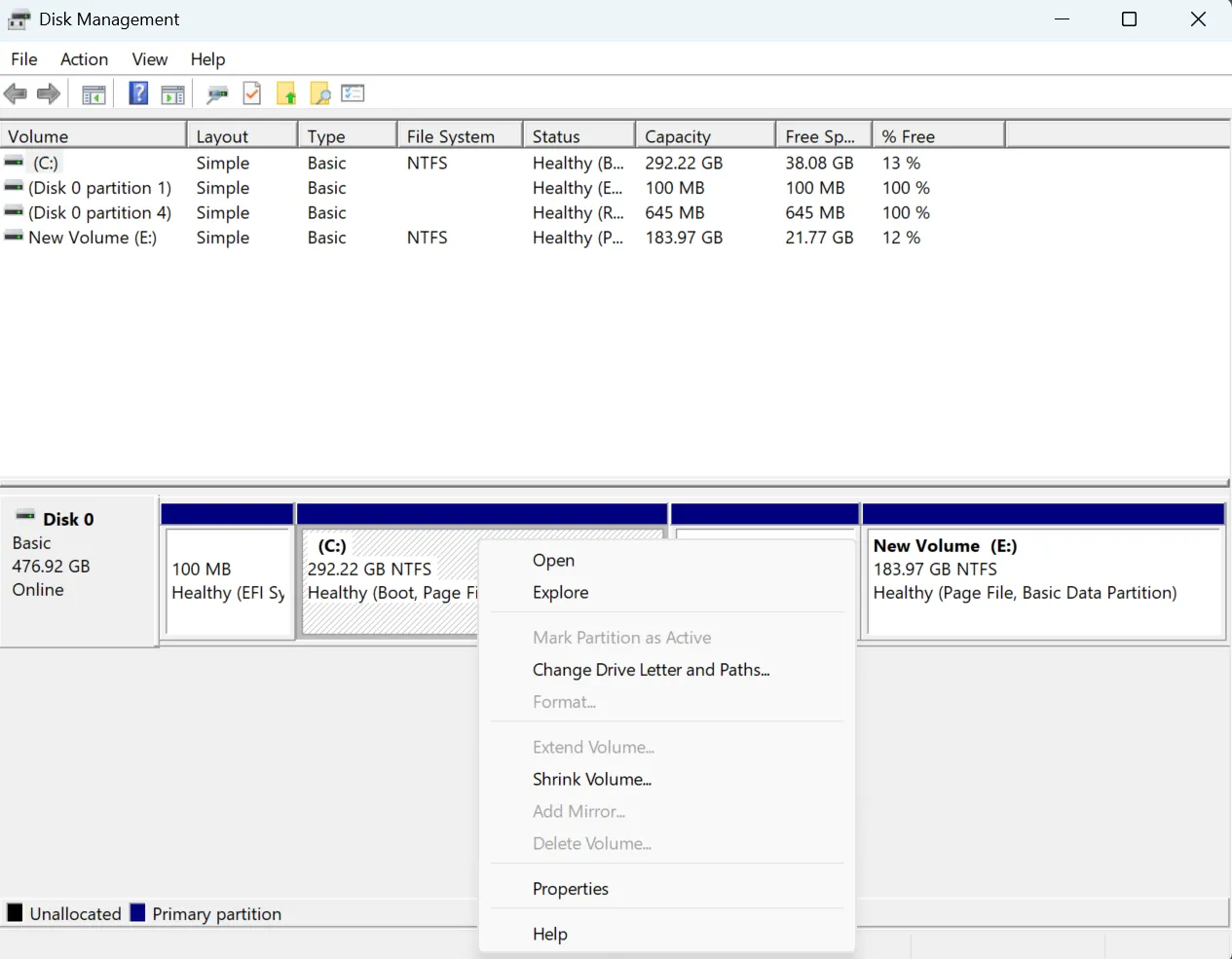 Giao diện tiện ích quản lý ổ đĩa trên Windows 11, hiển thị các tùy chọn phân vùng.