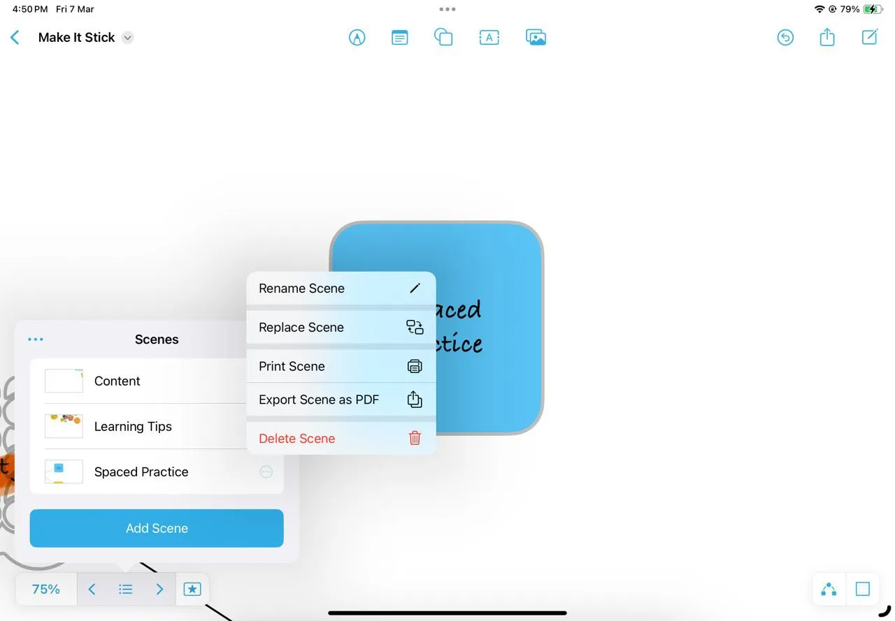 Giao diện tính năng Scenes Navigator trong Freeform, cho phép người dùng nhanh chóng điều hướng và chuyển đổi giữa các phần ghi chú quan trọng trên bảng.
