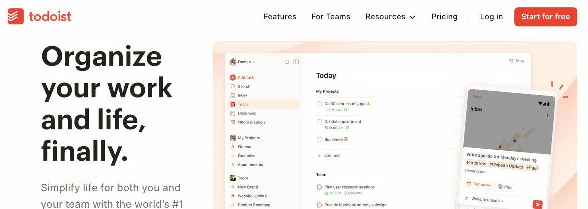 Giao diện trang chủ của ứng dụng quản lý công việc Todoist
