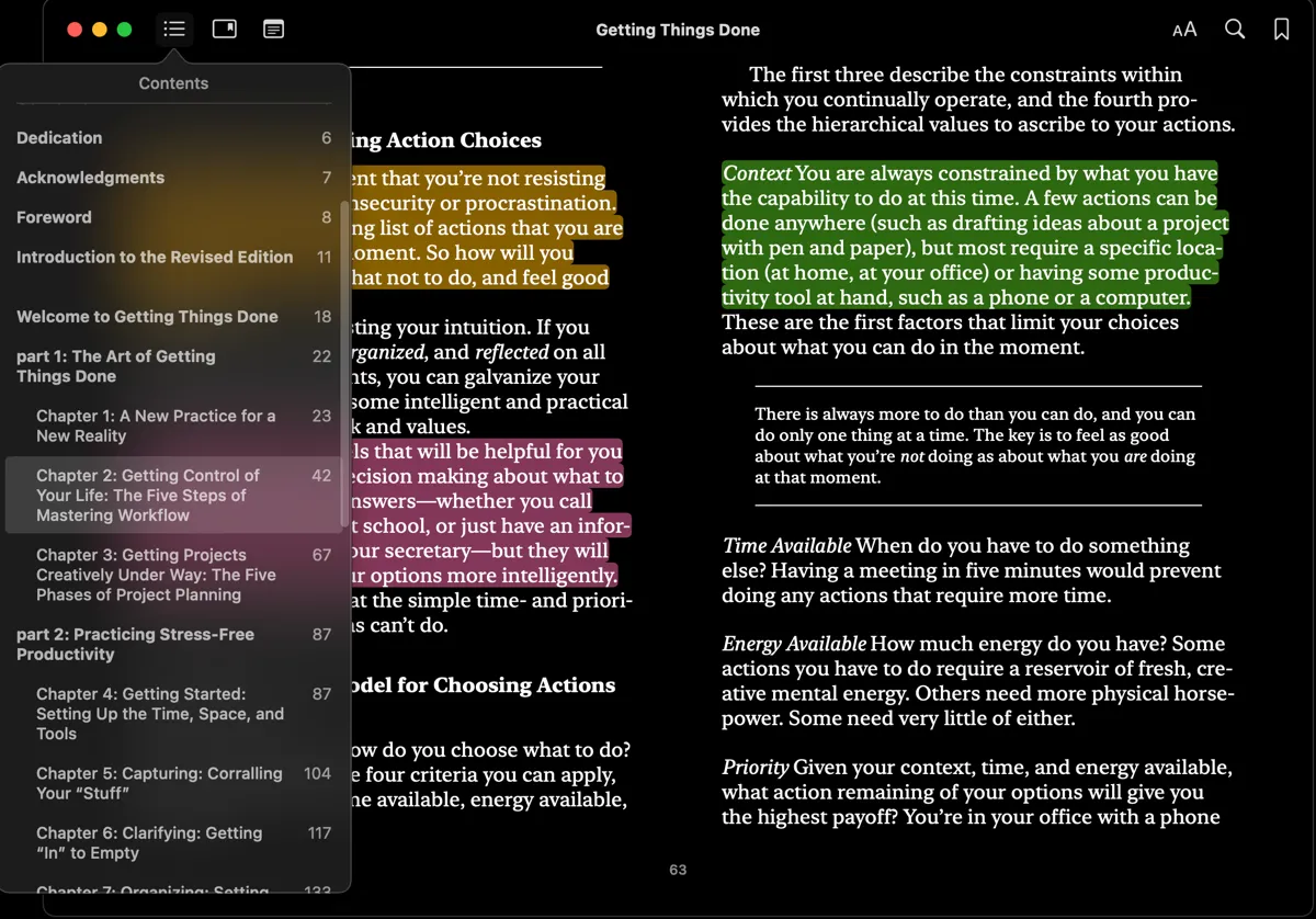 Giao diện ứng dụng Apple Books với cuốn sách 'Getting Things Done', minh họa nguồn thông tin để xây dựng tri thức cá nhân