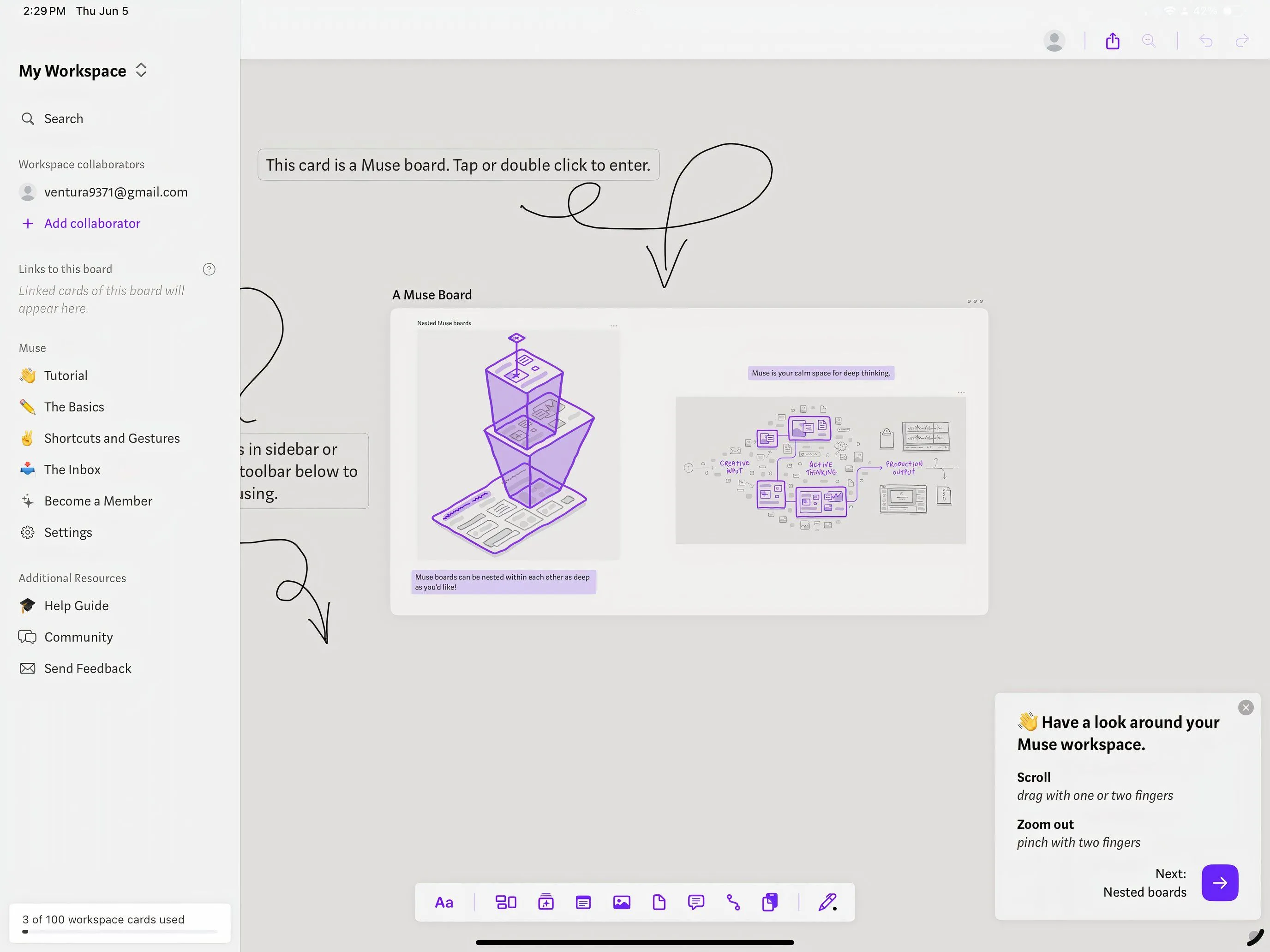 Giao diện ứng dụng Muse trên iPad hiển thị không gian làm việc dạng bảng trắng kỹ thuật số với nhiều ý tưởng