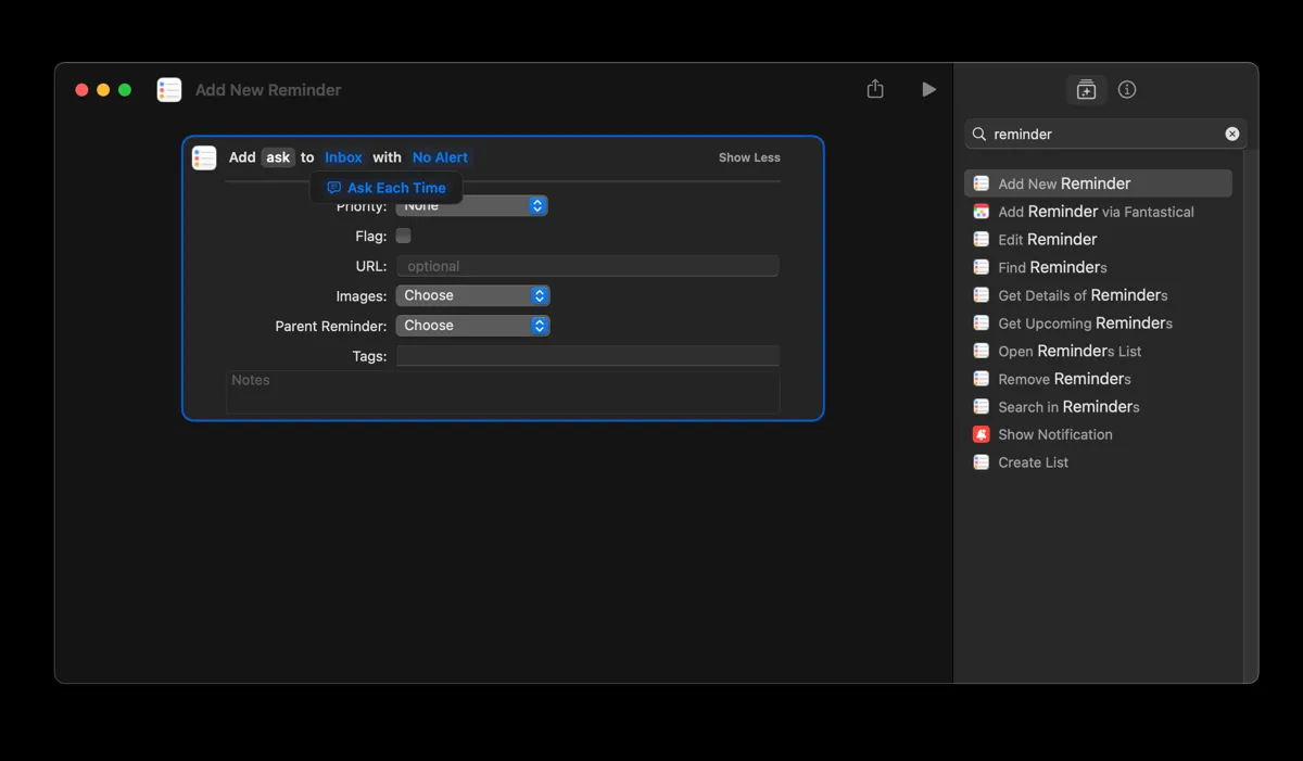 Giao diện ứng dụng Phím tắt (Shortcuts) trên macOS, hiển thị bước tạo một hành động &quot;Thêm nhắc nhở mới&quot; để nhập nhanh nhiệm vụ.