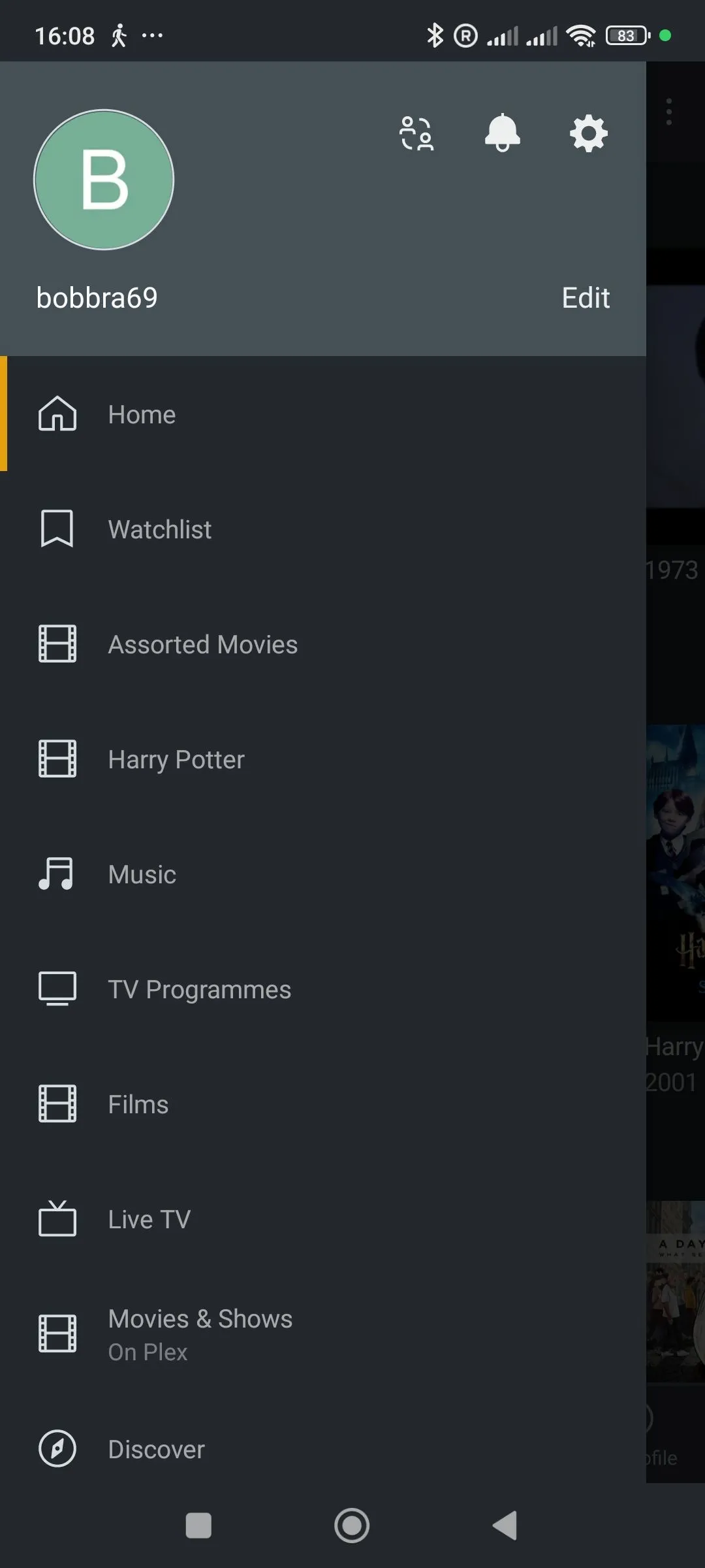 Giao diện ứng dụng Plex trên thiết bị Android, hiển thị nội dung media.