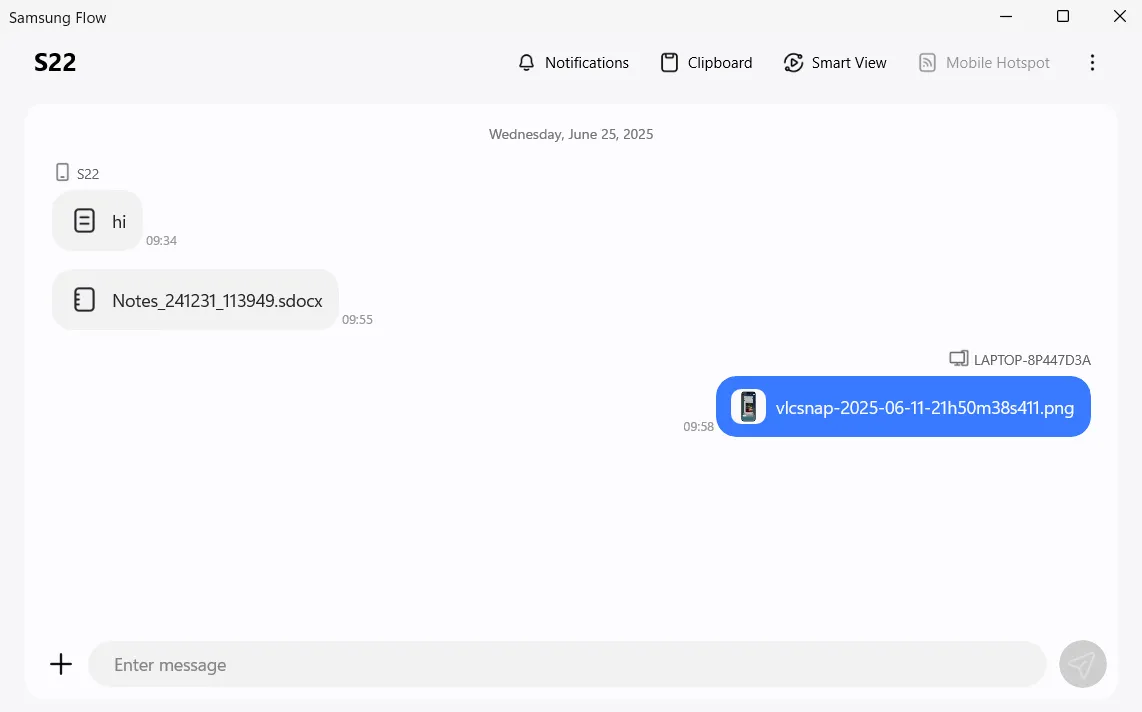 Giao diện ứng dụng Samsung Flow trên máy tính Windows, hiển thị lịch sử chuyển file và tùy chọn gửi file mới