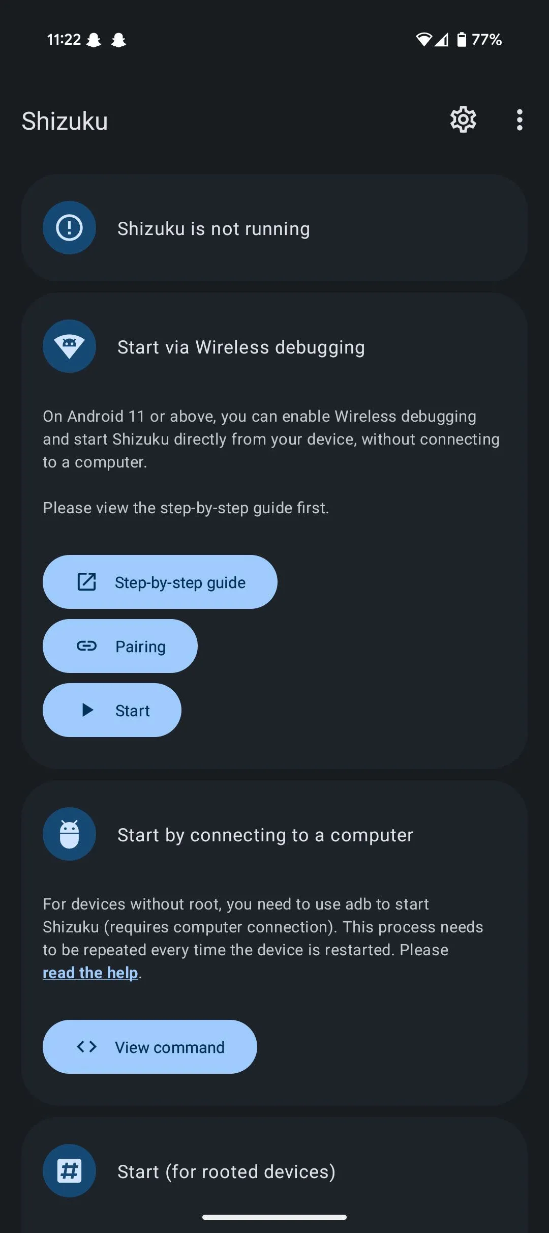 Giao diện ứng dụng Shizuku hiển thị trạng thái &quot;Pairing&quot; dưới mục &quot;Start via Wireless debugging&quot; trong quá trình cài đặt Ambient Music Mod