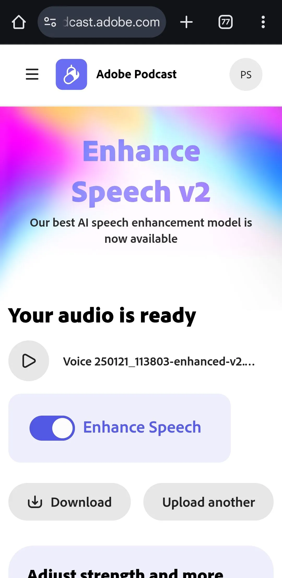 Giao diện website Adobe Enhance Speech hiển thị tùy chọn tải xuống tệp âm thanh đã xử lý trên Chrome Android