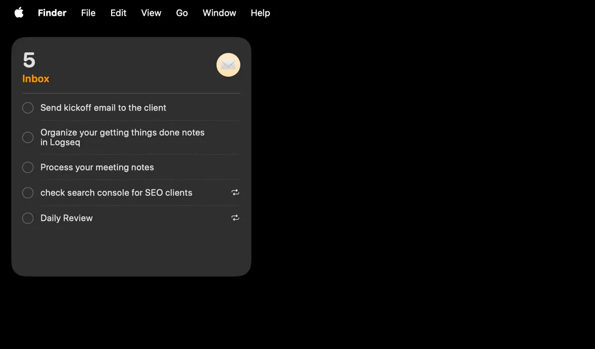 Giao diện widget của ứng dụng Apple Reminders hiển thị trên màn hình nền macOS, cho phép xem và kiểm tra nhanh các việc cần làm