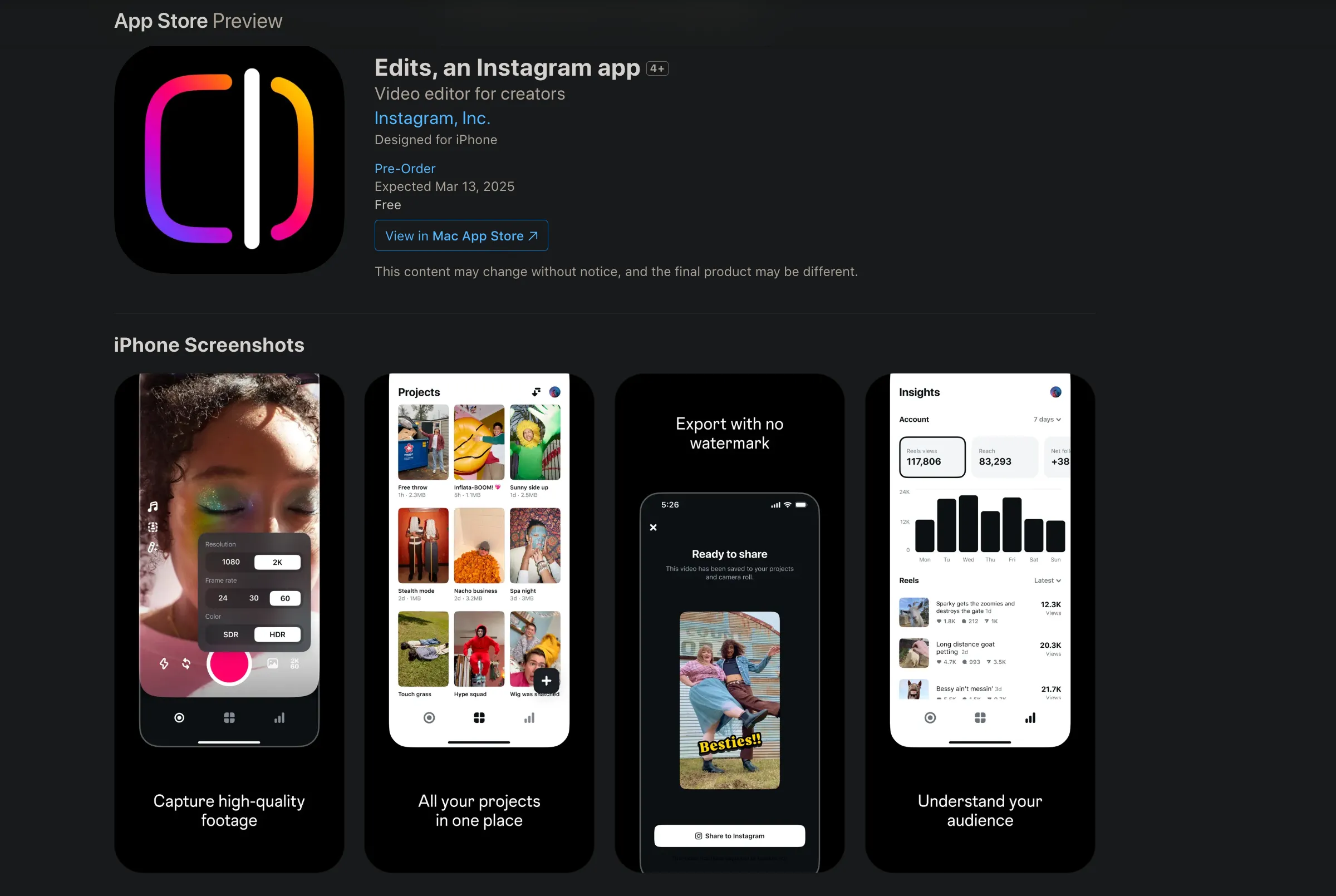 Giao diện xem trước ứng dụng Edits của Instagram trên Apple App Store.